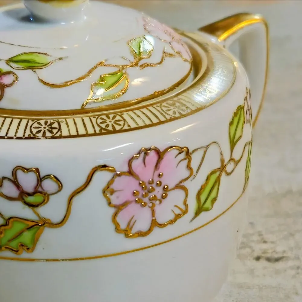 Antique Japanese Nippon Porcelain Cherry Blossom Creamer & Covered Sugar Bowl